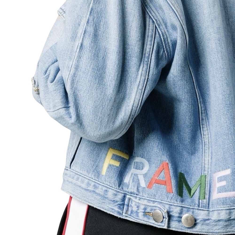 Frame Embroidered Cuffed Jean Jacket Denim Rydell Ave Logo Light Womens Sz Large - Picture 9 of 16